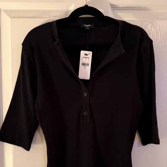 Express NWT Black Fitted Ribbed Elbow Sleeve Button Henley - Extra Small - Picture 3 of 5